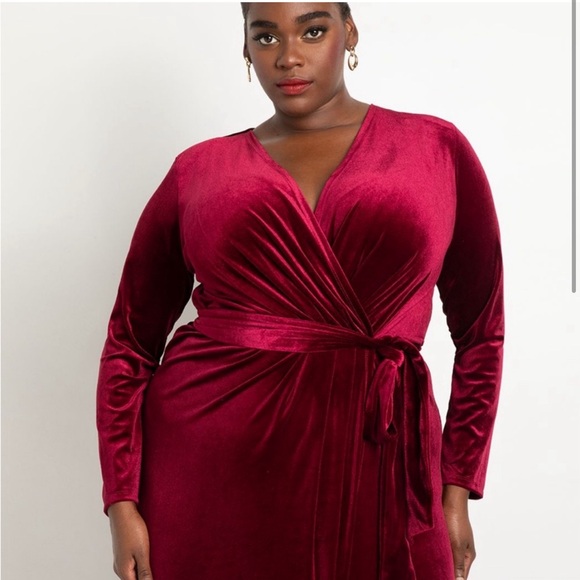 NWT Eloquii burgundy velvet wrap dress with waist tie, size 24 - Picture 1 of 6